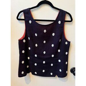 Anthropologie Odille Sleeveless Top ~ Navy Linen White Polka Dots ~ Size 12